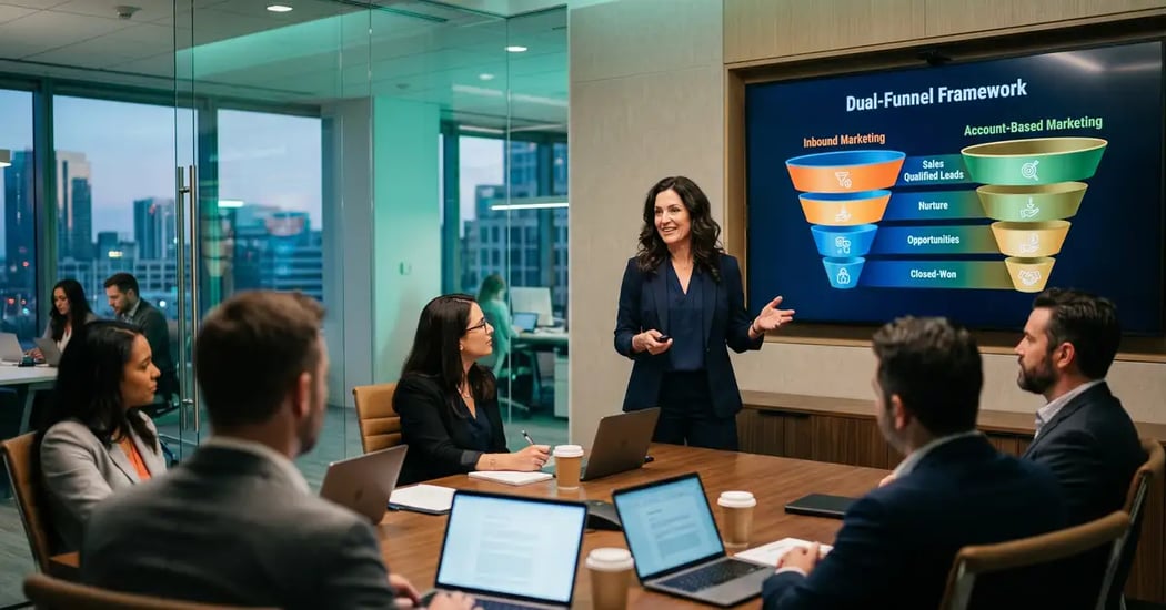 B2B SaaS CMO presenting a dual-funnel demand generation and lead generation framework to leadership in a glass boardroom with two parallel pipelines visualised on a wall display