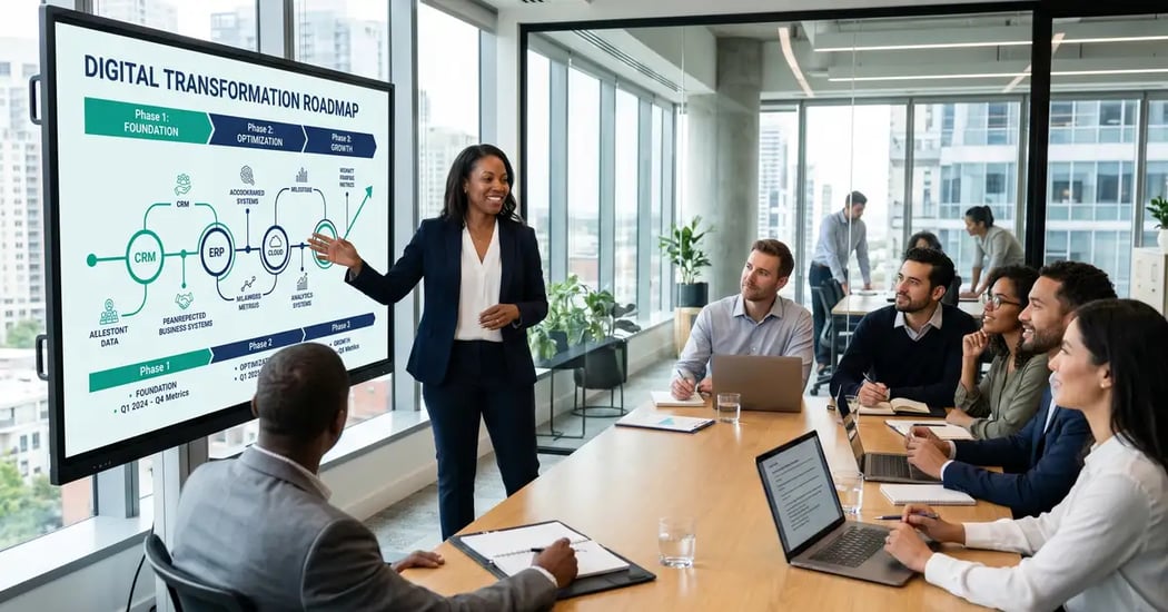 A B2B executive leading a digital transformation planning session beside a wall screen showing a phased transformation roadmap