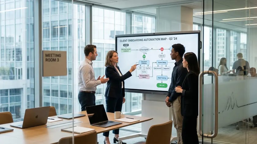 Team of B2B consultants collaborating around a digital whiteboard showing client onboarding automation workflow with conditional logic branches