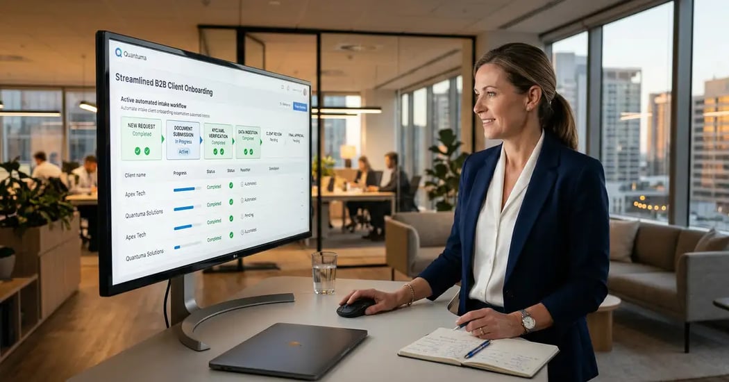 Dynamic intake workflow automation dashboard showing conditional logic routing for B2B client onboarding process