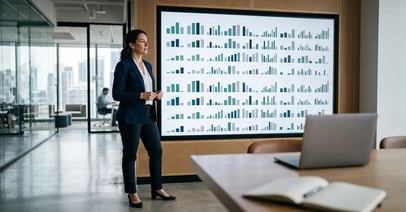 Executive reviewing a wall of unlabelled bar charts, representing revenue per employee benchmarks across many B2B companies
