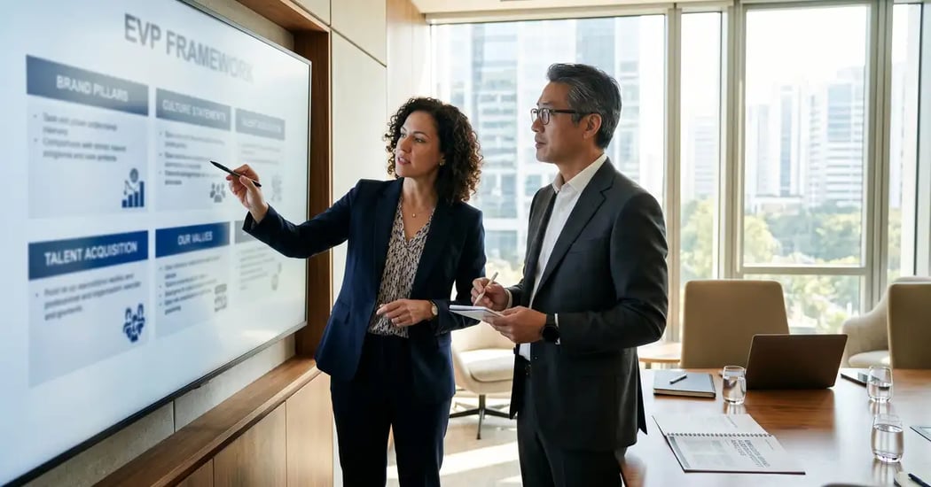 CHRO and senior executive search consultant reviewing an employer value proposition framework on a wall-mounted display in a modern boardroom