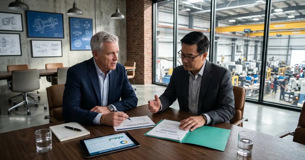 Senior engineering and manufacturing executive search consultation in a modern industrial manufacturing headquarters conference room reviewing engineering leadership candidate dossier