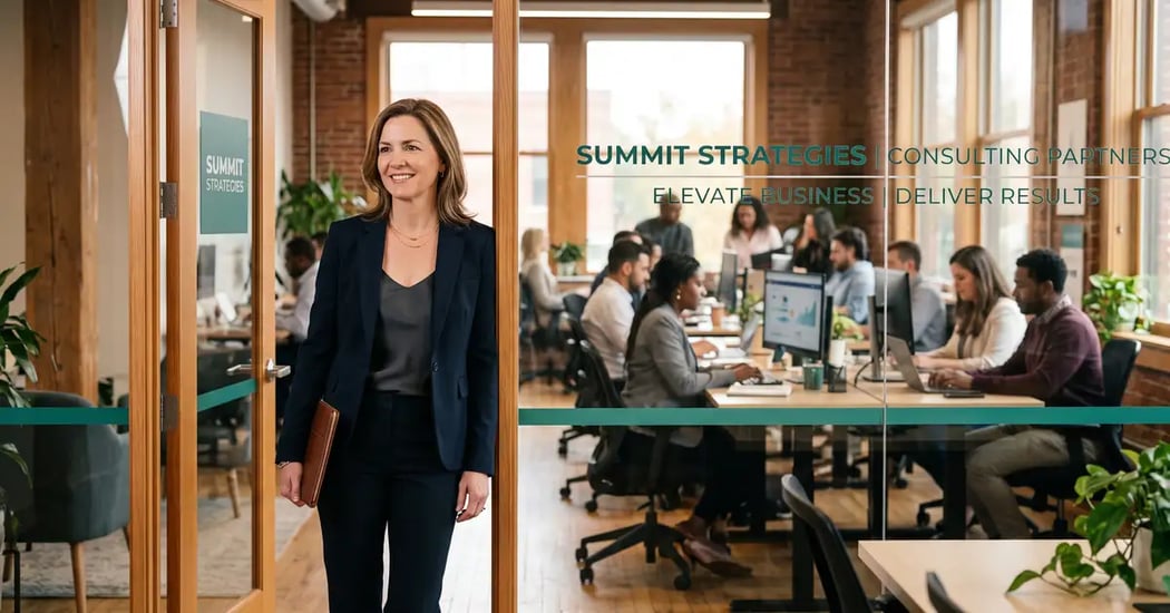 Confident founder stepping away from a thriving consulting firm that runs without them, ready for an exit