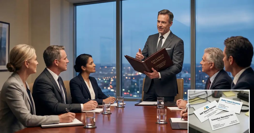 Exclusive search mandate boardroom presentation contrasted with multi-firm non-exclusive recruiter business cards scattered on a desk