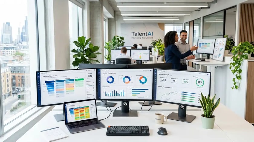 Modern recruitment technology workspace with AI analytics dashboards displaying candidate pipeline data and automated sourcing results