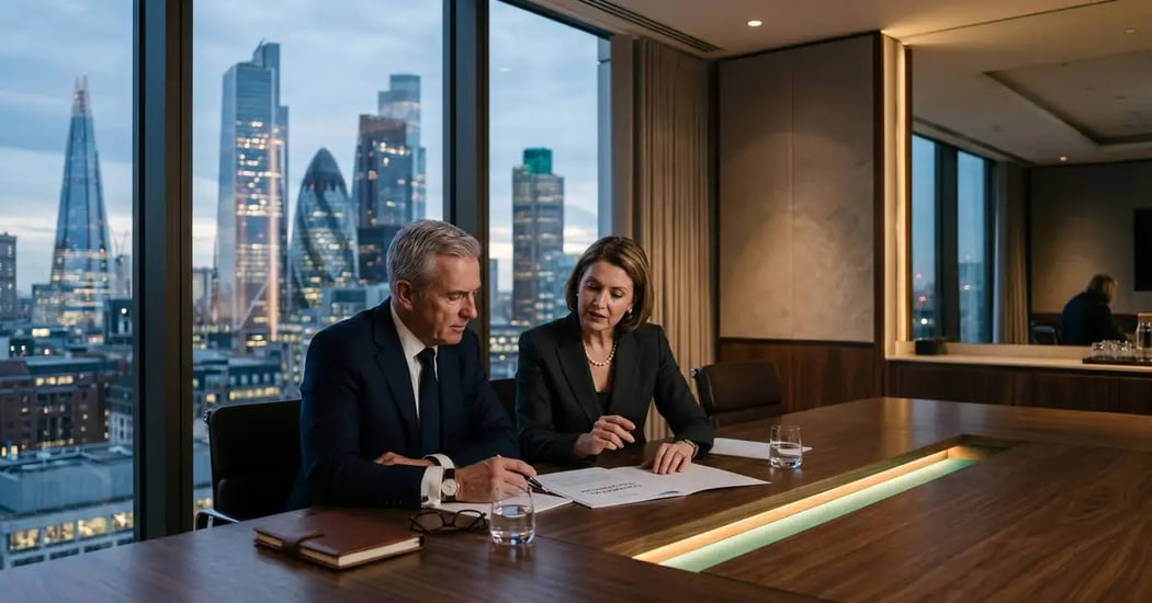 Two senior executive search consultants reviewing a confidential shortlist in an elegant high-floor London boardroom representing elite retained executive search