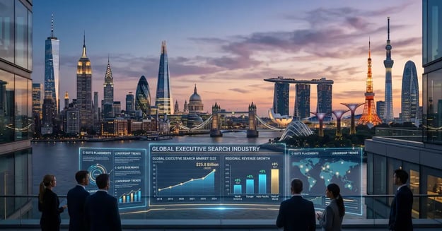 Global executive search industry hero showing financial district skylines at dusk with holographic market size data visualization