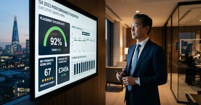 Executive search Managing Partner reviewing KPI dashboard on wall-mounted display showing placement success time-to-shortlist and NPS metrics
