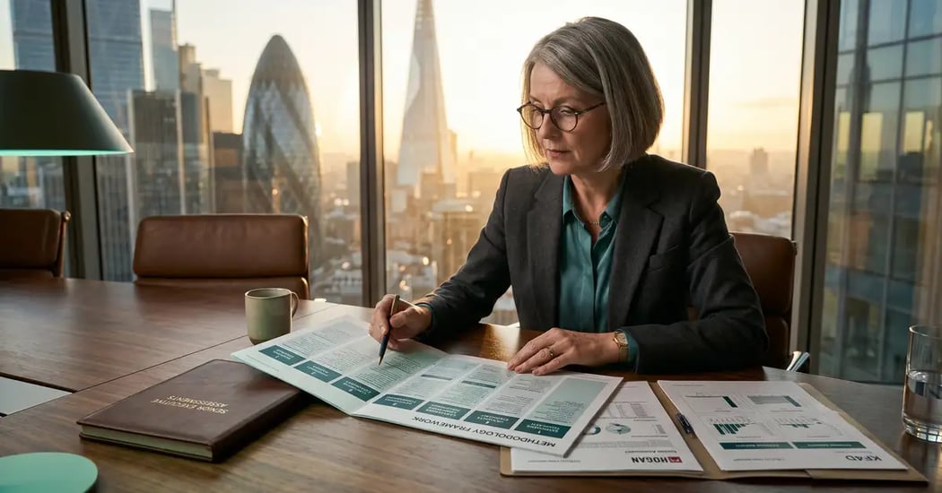 Senior executive search partner reviewing a printed methodology framework with seven labelled methodological pillars at a polished walnut conference table with Hogan and KF4D assessment results visible