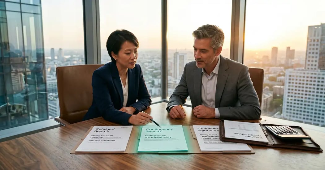 Executive search pricing models comparison showing retainer, contingency, and hybrid fee structures