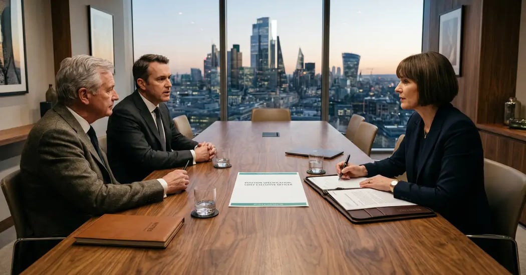 Executive search partner running a structured intake interview with a CEO and board chair in a high-floor private boardroom at the start of a 90-day retained search engagement