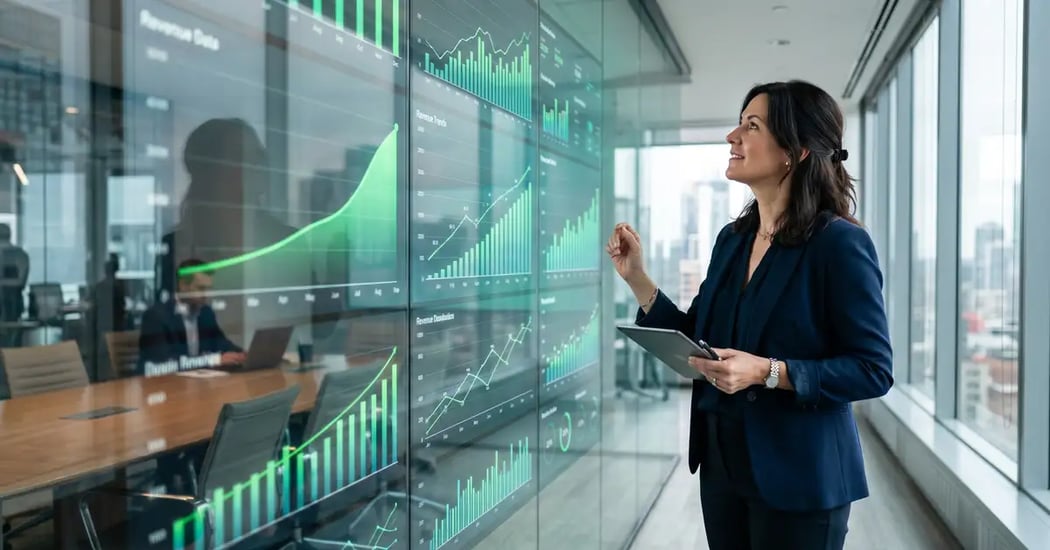 B2B SaaS executive studying a wall-sized data dashboard showing rising green expansion revenue curves in a modern boardroom