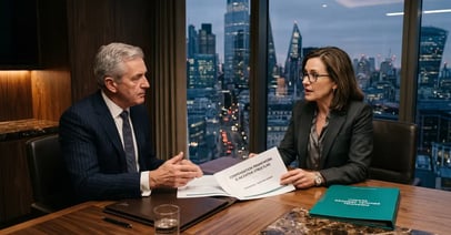Senior financial services executive search consultation in a private banking conference room with two executives discussing compensation framework