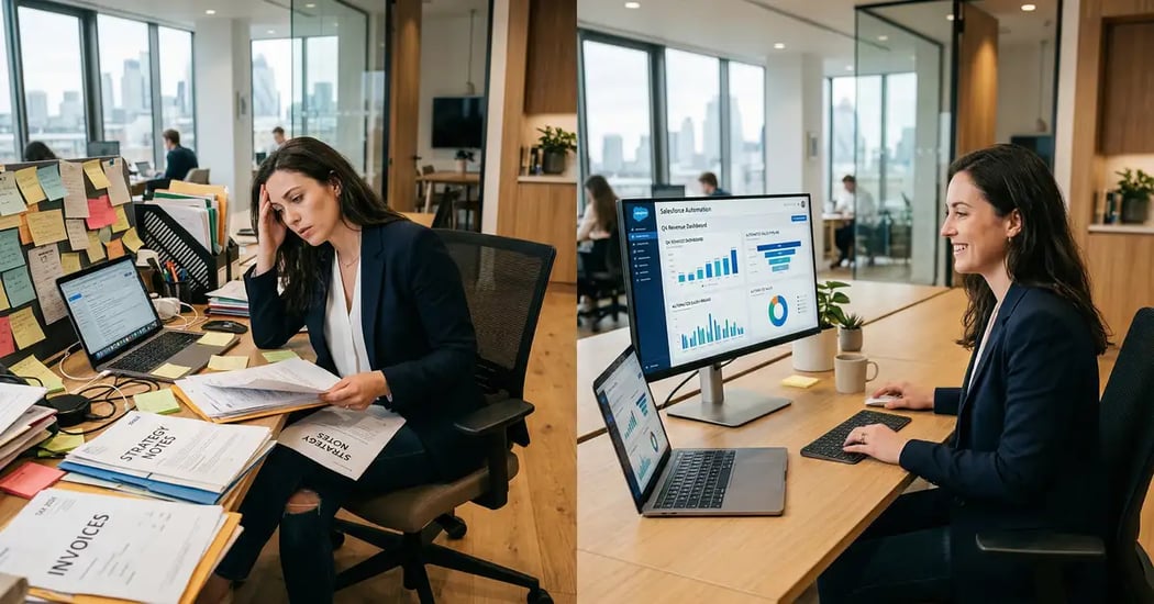 B2B founder transitioning from chaotic manual workspace to organized systems-dependent operation with digital dashboards