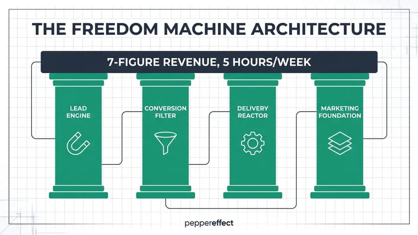 Infographic showing the 4 pillars of the Freedom Machine architecture supporting 7-figure revenue on 5 hours per week