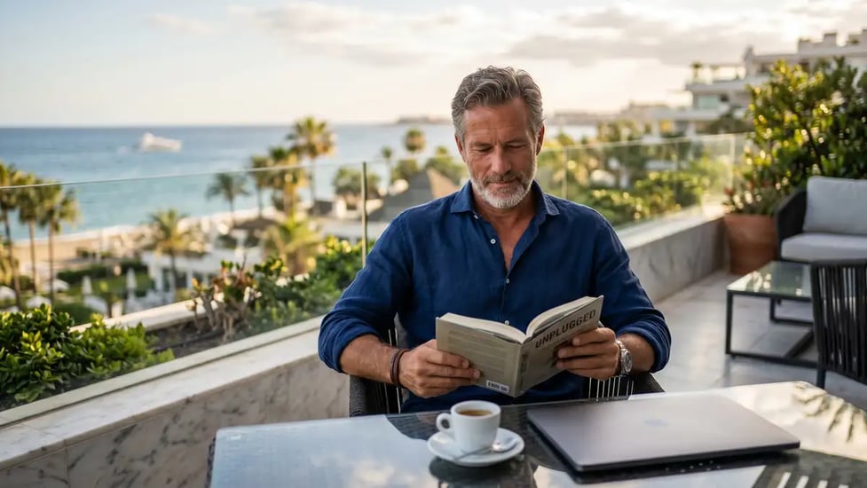 Founder on sunlit terrace with laptop showing 4 Pillars Freedom Machine dashboard representing 7-figure revenue on 5 hours weekly