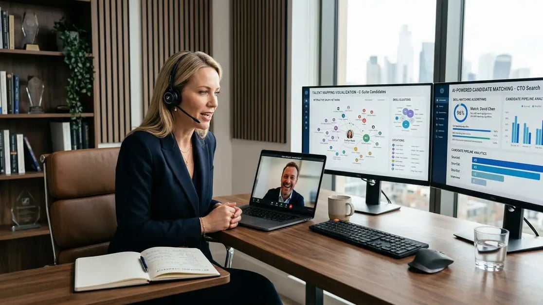 Executive recruiter using AI-powered candidate sourcing dashboards showing talent mapping and pipeline analytics for the future of executive search