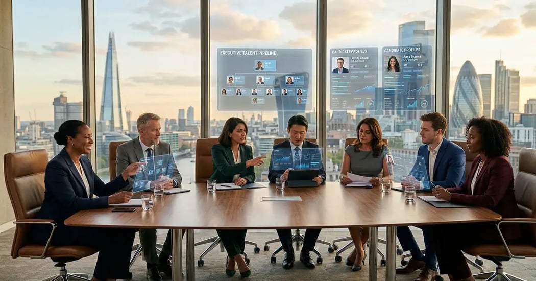 Executive boardroom with AI data visualizations showing the future of executive search where technology meets high-touch recruitment advisory