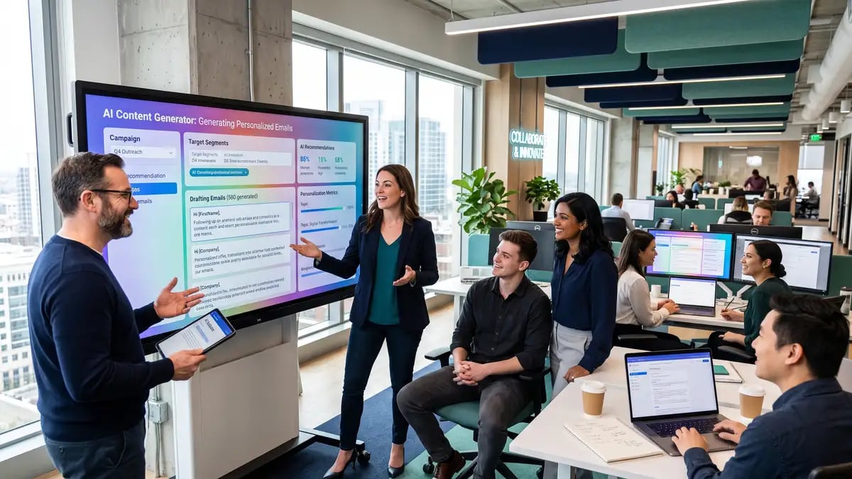 Marketing and sales team using generative AI on large screens to draft personalised content at scale