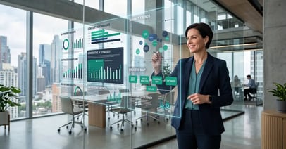 B2B executive reviewing generative AI dashboards in a modern office