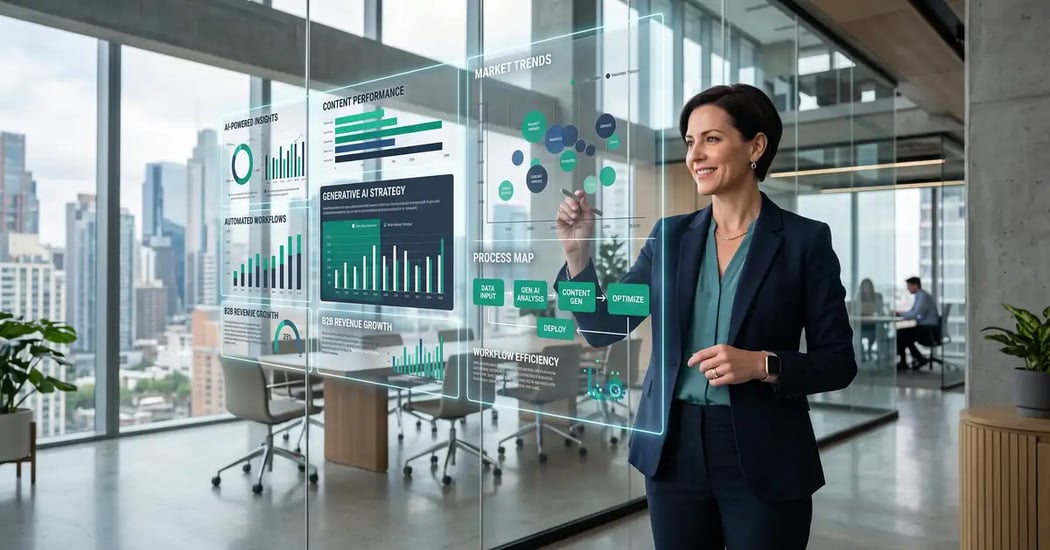 B2B executive reviewing generative AI dashboards in a modern office