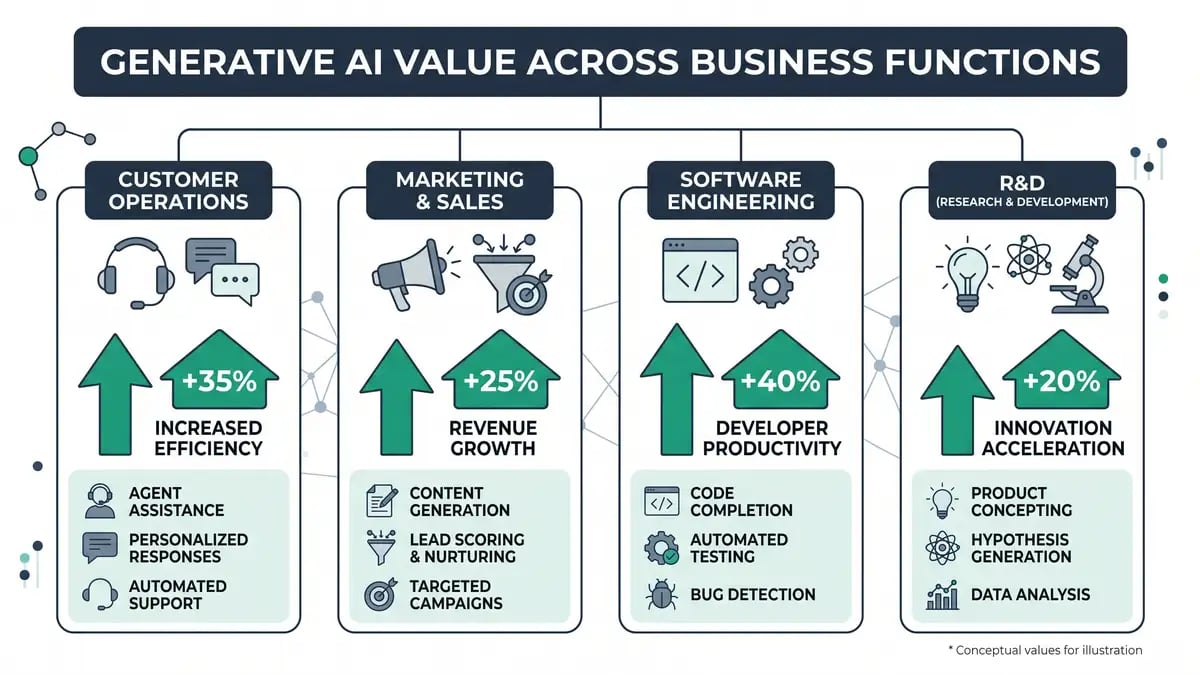 Infographic showing generative AI value concentrated across customer operations, marketing and sales, software engineering, and R&D