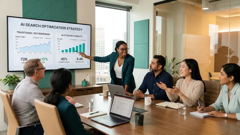 B2B marketing team reviewing AI search optimization and GEO strategy on conference room display