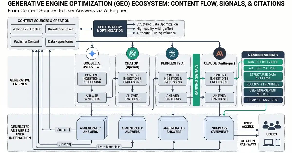 Diagram of the generative engine optimization ecosystem showing content flow through Google AI Overviews, ChatGPT, Perplexity, and Claude with citation pathways and ranking signals