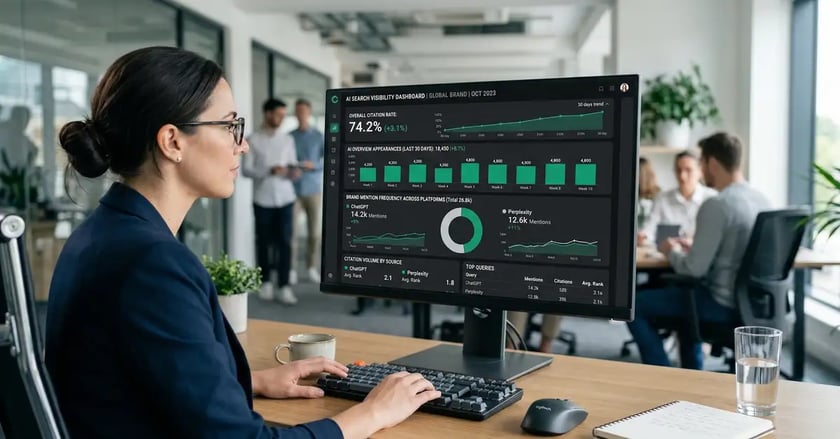 Analytics dashboard showing AI search visibility metrics including citation rate, AI overview appearances, and brand mention frequency across ChatGPT and Perplexity