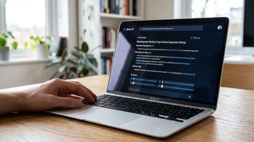 Laptop showing an AI assistant answer with numbered source citations, the kind of answer whose cited sources rotate between runs