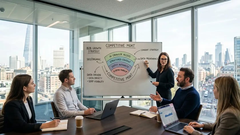 B2B marketing team planning generative engine optimization strategy with content architecture whiteboard and data visualizations