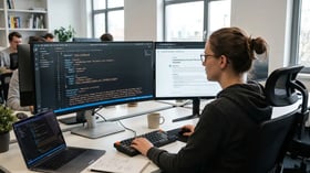Developer editing JSON-LD schema markup on a monitor beside a rendered article