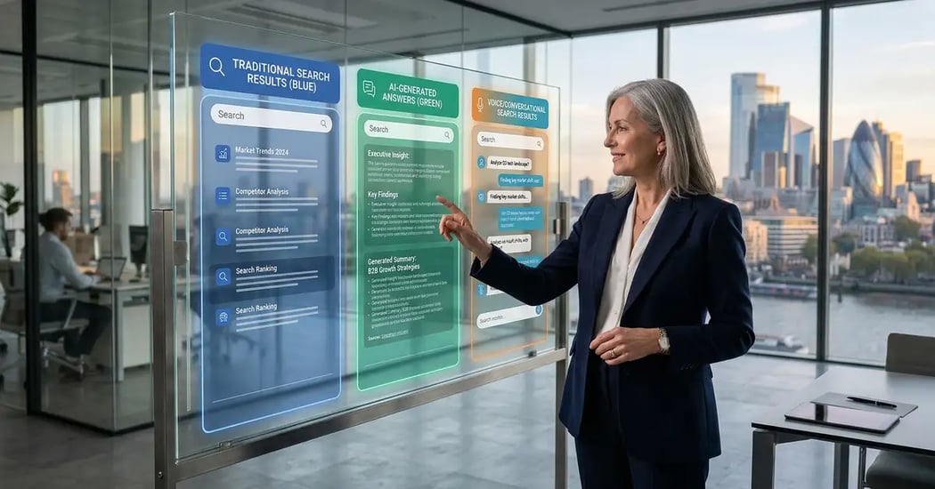 Split-screen visualization comparing traditional SEO search results with AI-generated answers from ChatGPT and Perplexity showing the evolving search visibility landscape for B2B companies