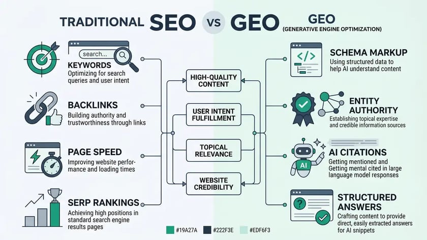 Infographic comparing GEO vs SEO metrics showing citation rates, AI referral conversion data, and competitive moat framework