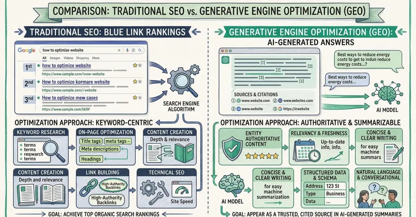 Comparison infographic of traditional SEO versus Generative Engine Optimization showing blue link rankings versus AI-generated answer citations