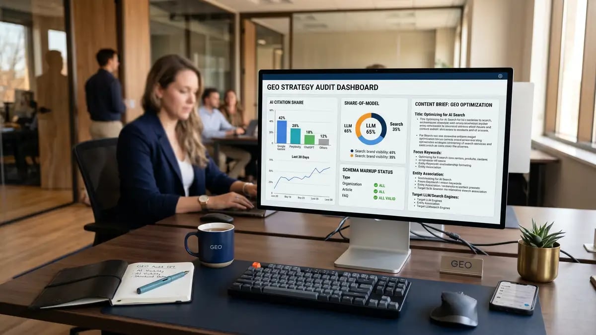 A GEO strategist's desk showing a generative engine optimization audit, an AI citation share dashboard, and schema markup