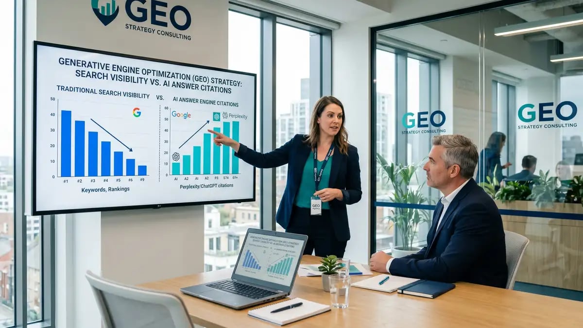 A GEO agency consultant presenting a generative engine optimization strategy comparing traditional search visibility with AI answer engine citations