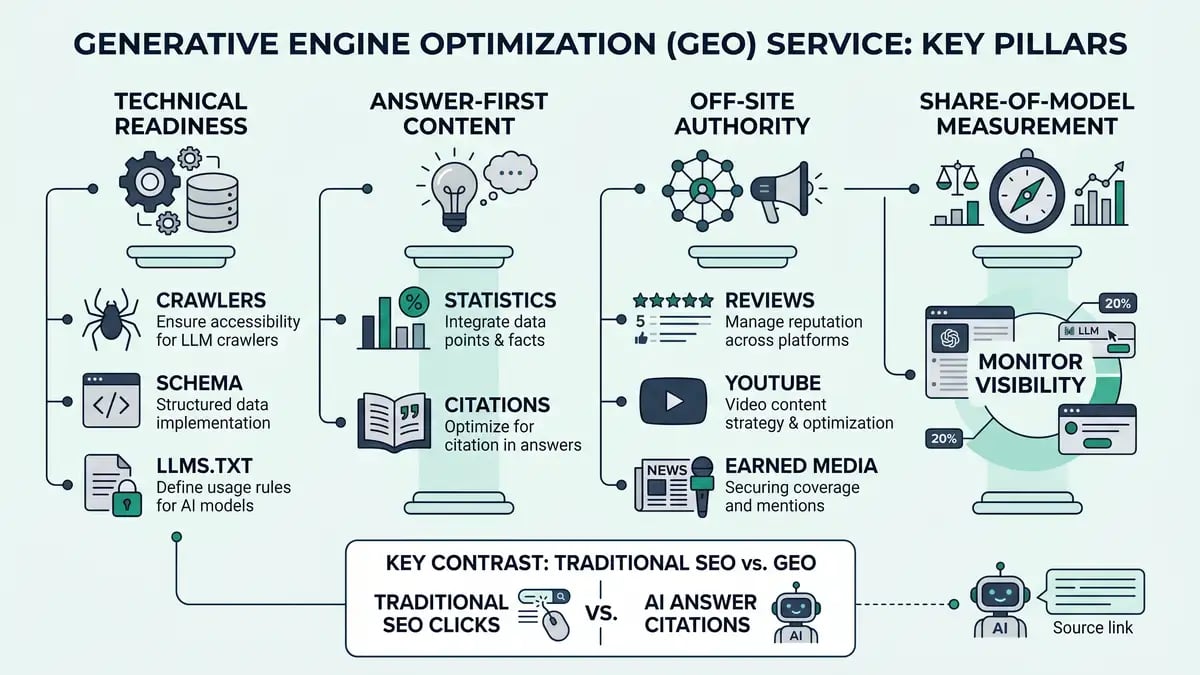 Infographic of the four GEO service pillars: technical readiness, answer-first content, off-site authority, and Share-of-Model measurement, contrasting SEO clicks with AI citations