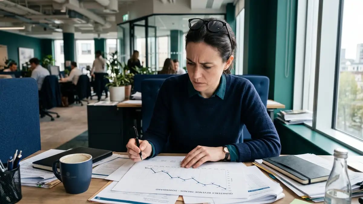 An analyst reviewing a printed line chart that trends downward, representing organic clicks falling even as rankings hold