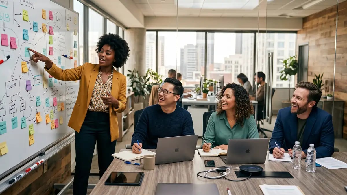 A B2B marketing team collaborating at a whiteboard, planning how to be cited inside AI answers
