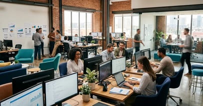 A busy modern marketing office, representing B2B teams adapting to Google AI Overviews reshaping search