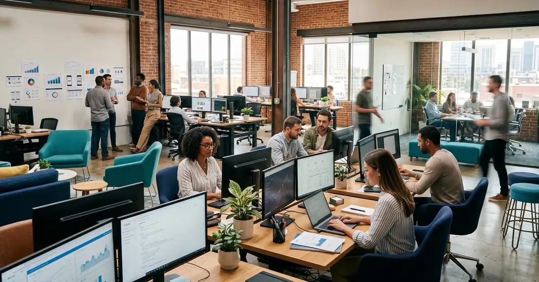 A busy modern marketing office, representing B2B teams adapting to Google AI Overviews reshaping search
