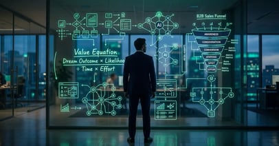 Master Growth Architect deploying Grand Slam Offer framework for B2B services with value equation diagrams and AI automation blueprints
