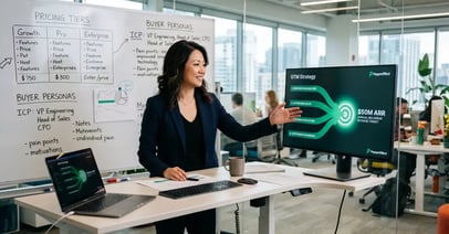 SaaS CEO reviewing go-to-market strategy diagram with four motion paths converging to $50M ARR target