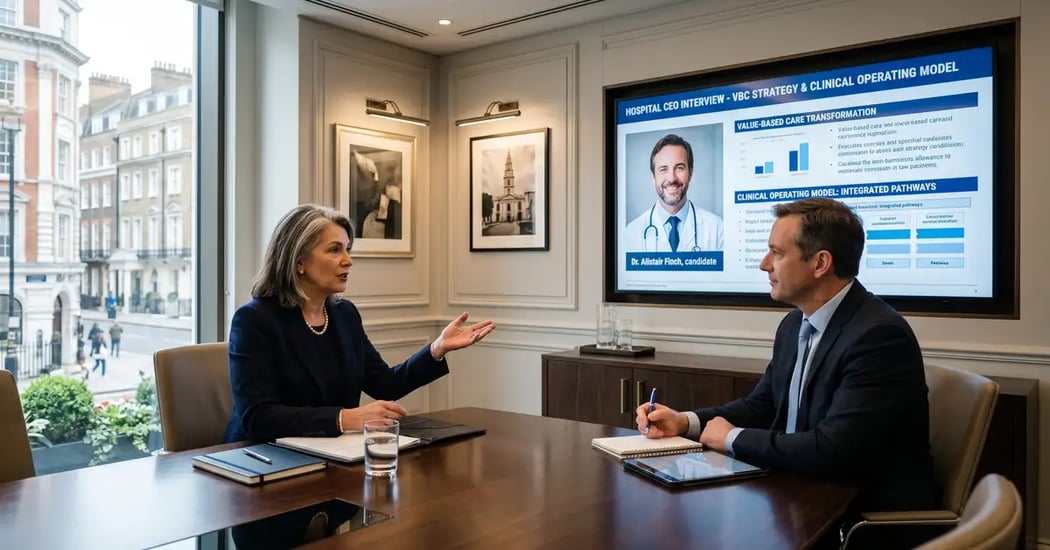 Senior executive search Managing Director conducting a hospital CEO interview reviewing value-based care transformation strategy in a London boardroom