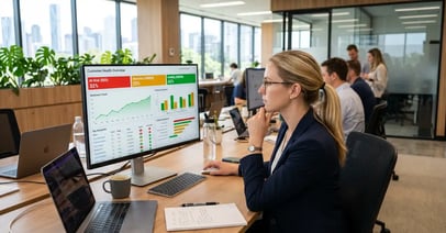 RevOps analyst studying customer health score dashboard with red amber green tier breakdown
