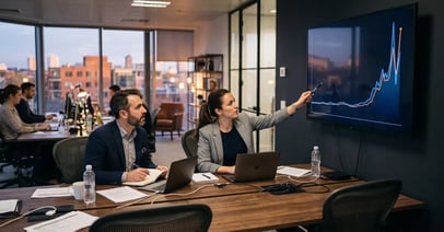 Two consultants at a long desk studying a wall-mounted chart that climbs steeply after a long flat period