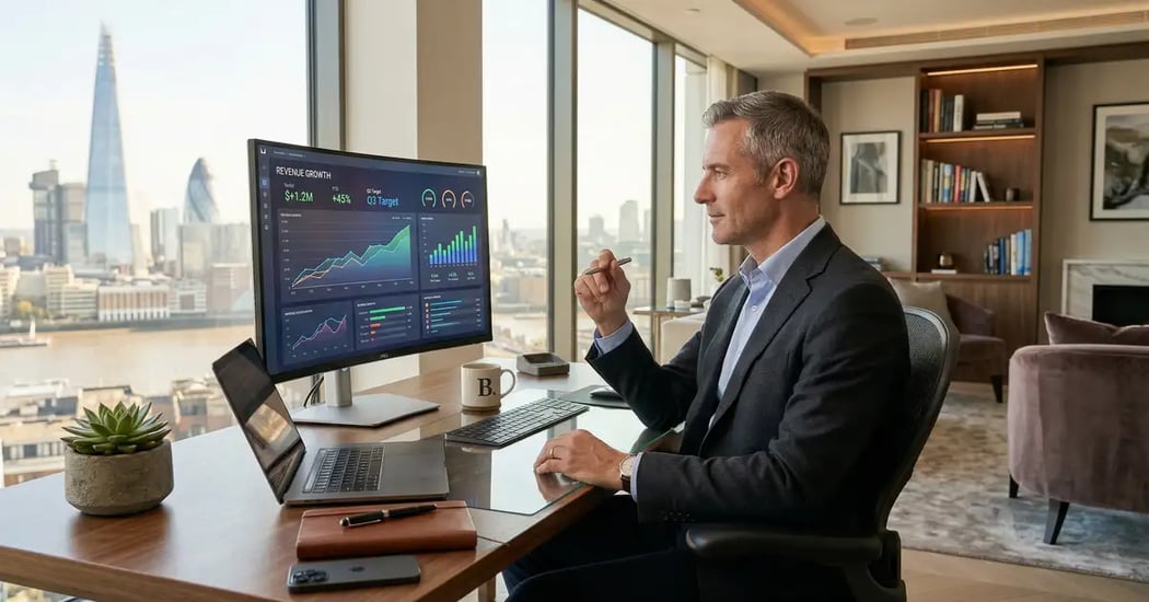 High-ticket consultant reviewing automated business operations dashboard showing 7-figure revenue with minimal weekly hours
