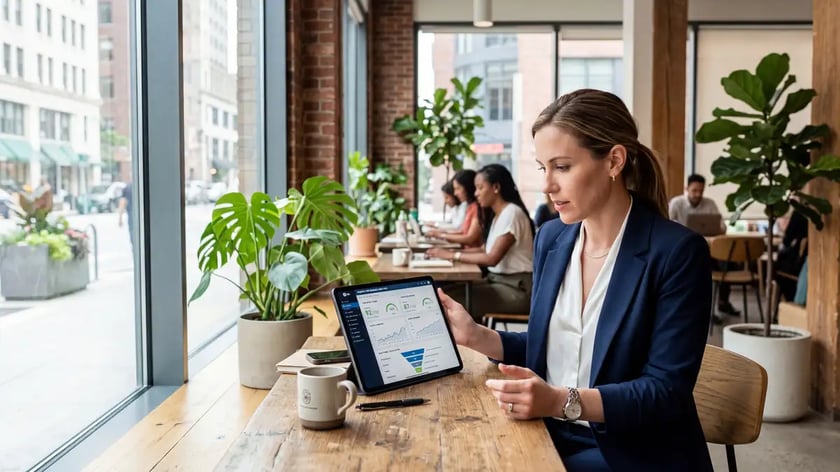 Business professional analyzing website performance metrics and lead generation funnel data on tablet in modern co-working space